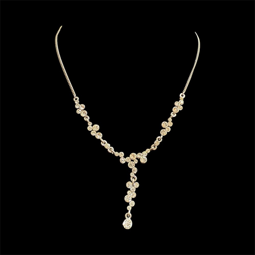 Claire’s Silver Y-Drop Necklace with Clear Clustered Rhinestones